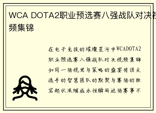 WCA DOTA2职业预选赛八强战队对决视频集锦