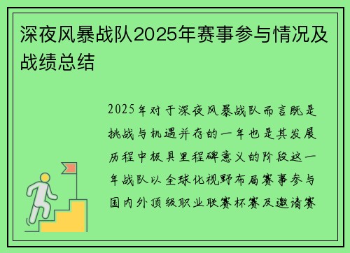 深夜风暴战队2025年赛事参与情况及战绩总结